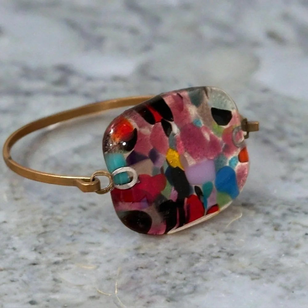 Millefiori Colorful Abstract Fuse Glass Hinge Bangle CuffBracelet Square Vintage - Picture 3 of 15